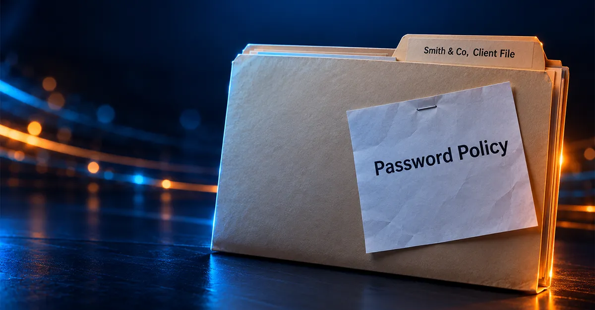 IT-support-professional-services-brisbane-inner-1-privacy A manila client file folder labelled Smith & Co, Client File with a crooked, stapled note reading Password Policy, illustrating IT support added on after the fact instead of built in from the start.