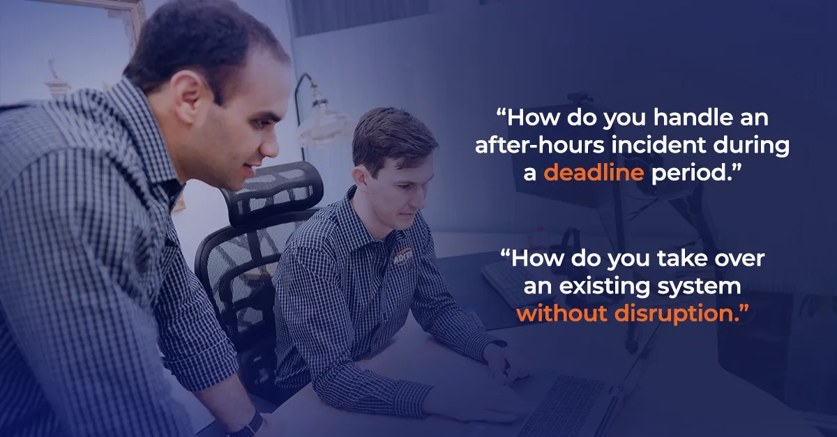 IT-support-professional-services-brisbane-inner-2-questions A confident Brisbane practice manager with two speech bubbles asking the key IT support questions, how after-hours incidents are handled, and how a system is handed over without disruption.