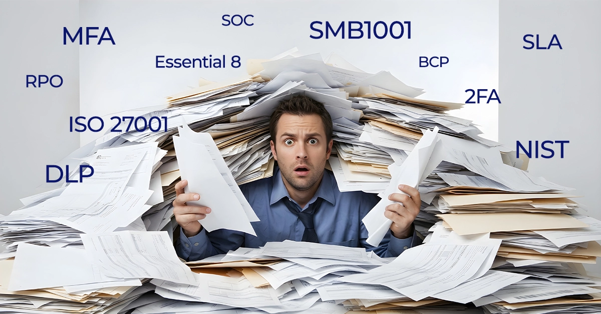 Jargon and acronyms overwhelming a business owner comparing managed IT security services in Cairns