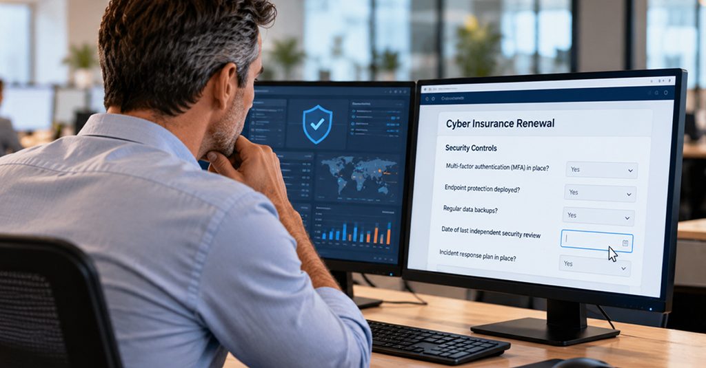 Desk view of two monitors, the second showing a cyber insurance form with the cursor hovering over an empty Date of last independent security review field.