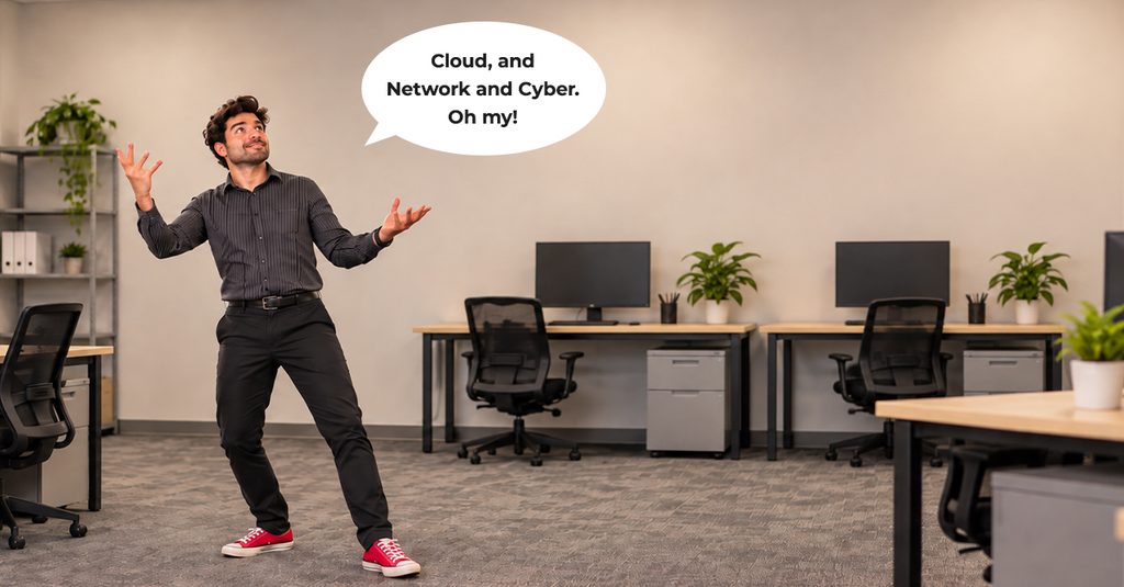 Illustration of cloud, network, and cyber security within IT support services