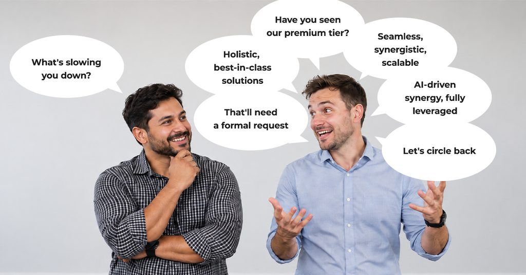 Illustration contrasting jargon-filled IT services provider with a clear, direct one