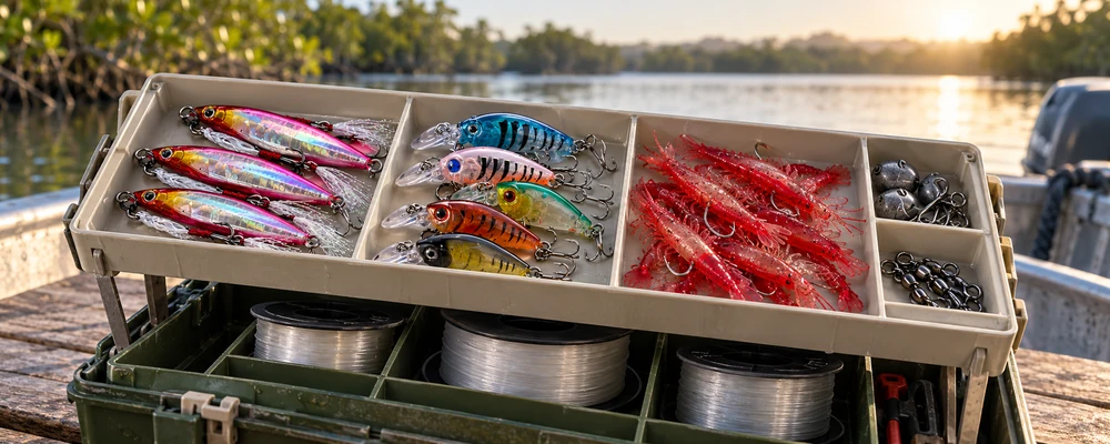Hand lifting a tackle box tray to show overlapping IT service categories stored in layers underneath