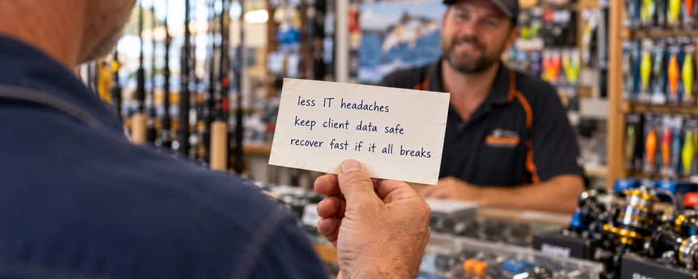 Handwritten list of business problems on a tackle shop counter, matched to the right types of IT services